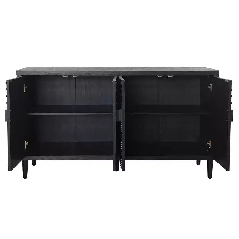 Buffet bahut cannelé noir à 4 portes, 150 cm – Assemblage par 1 personne