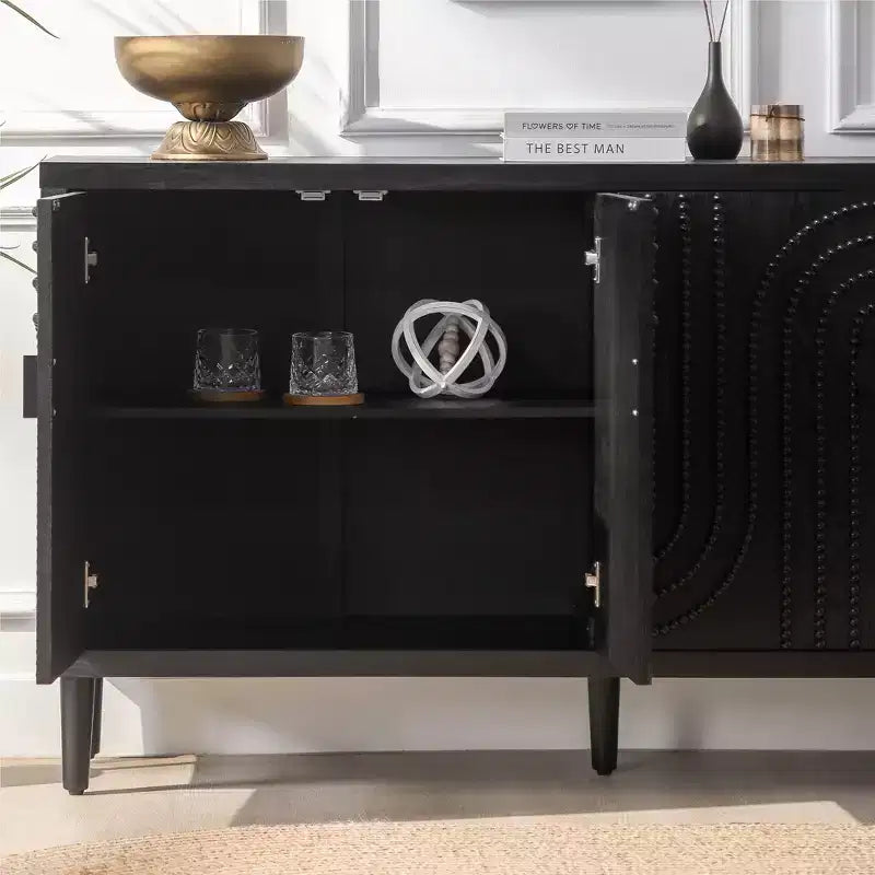 Buffet bahut cannelé noir à 4 portes, 150 cm – Assemblage par 1 personne