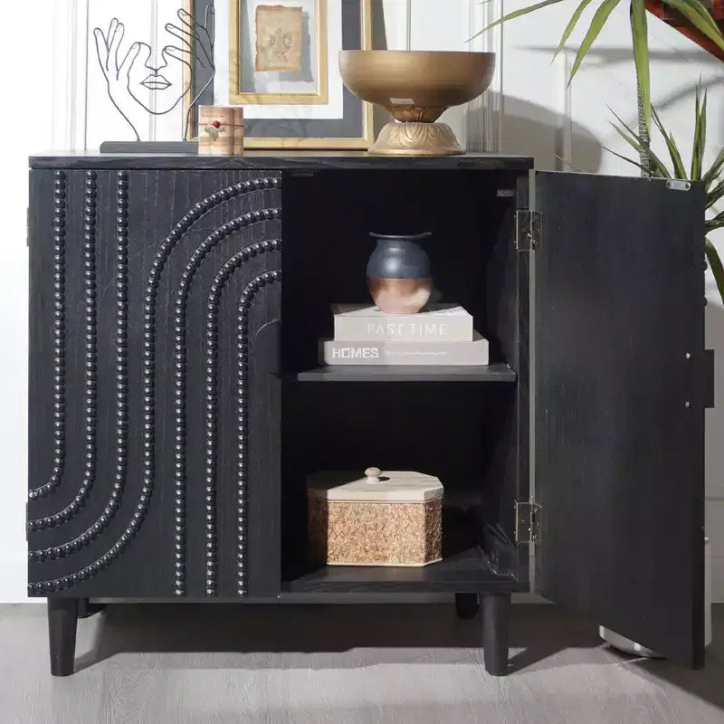 Buffet bahut cannelé noir à 4 portes, 150 cm – Assemblage par 1 personne