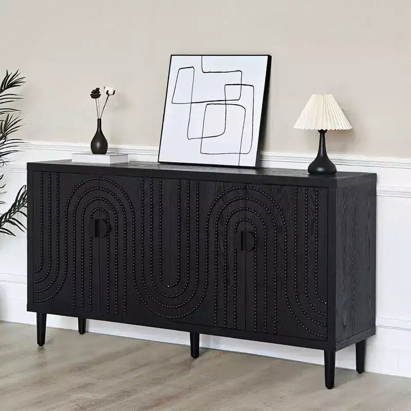 Buffet bahut cannelé noir à 4 portes, 150 cm – Assemblage par 1 personne