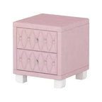 Table de chevet 2 tiroirs capitonnée crème/blush avec façade capitonnée en losanges et poignées en cristal
