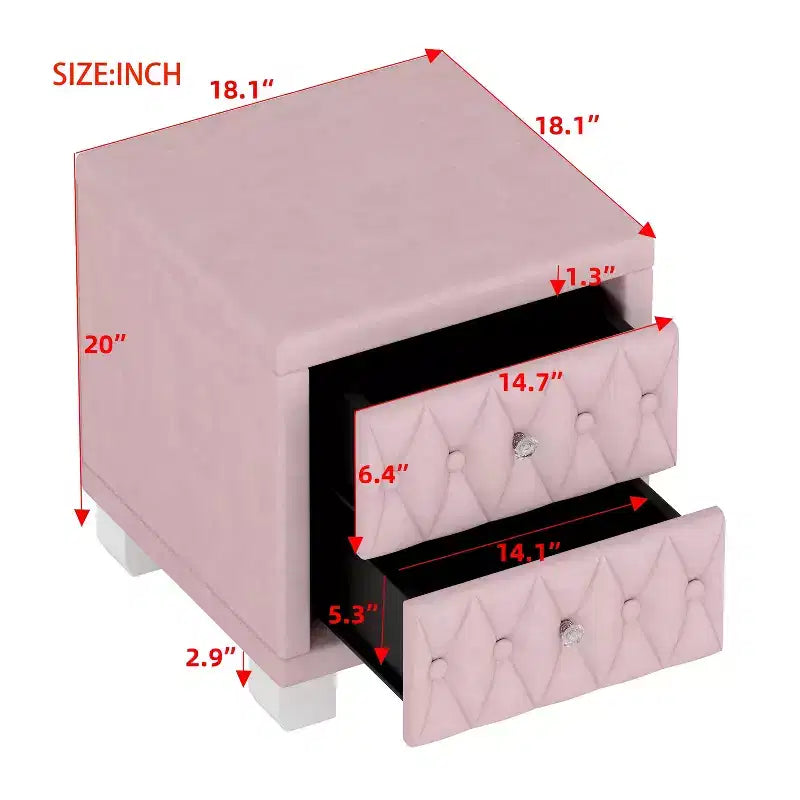 Table de chevet 2 tiroirs capitonnée crème/blush avec façade capitonnée en losanges et poignées en cristal
