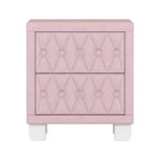Table de chevet 2 tiroirs capitonnée crème/blush avec façade capitonnée en losanges et poignées en cristal