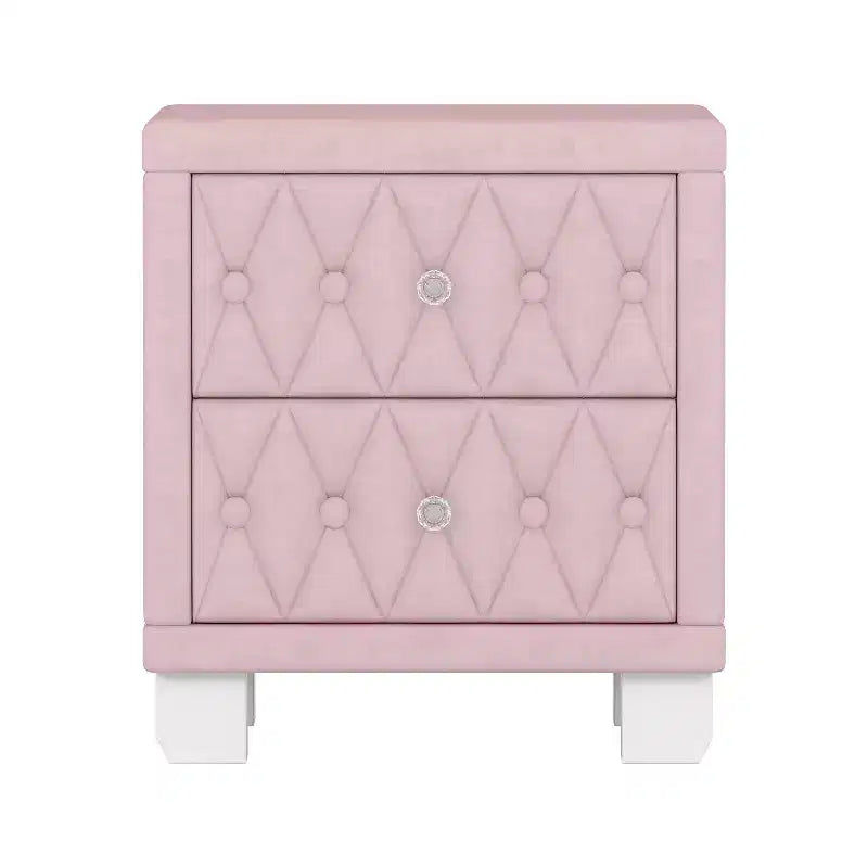 Table de chevet 2 tiroirs capitonnée crème/blush avec façade capitonnée en losanges et poignées en cristal
