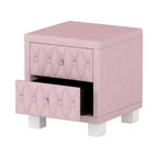 Table de chevet 2 tiroirs capitonnée crème/blush avec façade capitonnée en losanges et poignées en cristal