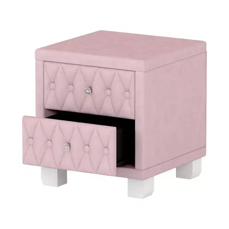 Table de chevet 2 tiroirs capitonnée crème/blush avec façade capitonnée en losanges et poignées en cristal