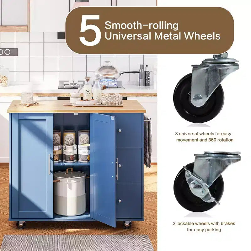 Meuble îlot de cuisine roulant noir/bleu/brun/gris/blanc avec 3 tiroirs et 2 portes, pour un utilisateur