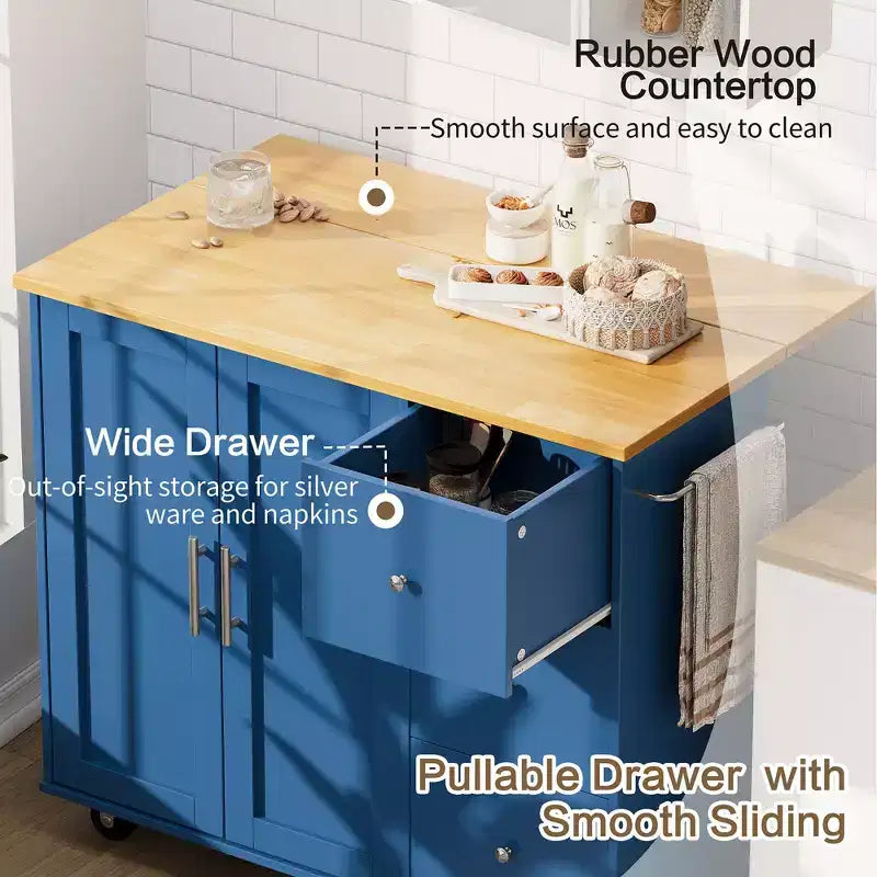 Meuble îlot de cuisine roulant noir/bleu/brun/gris/blanc avec 3 tiroirs et 2 portes, pour un utilisateur