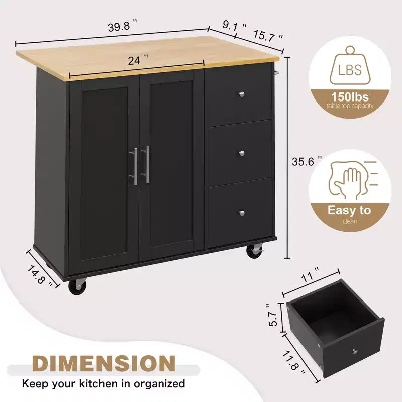 Meuble îlot de cuisine roulant noir/bleu/brun/gris/blanc avec 3 tiroirs et 2 portes, pour un utilisateur