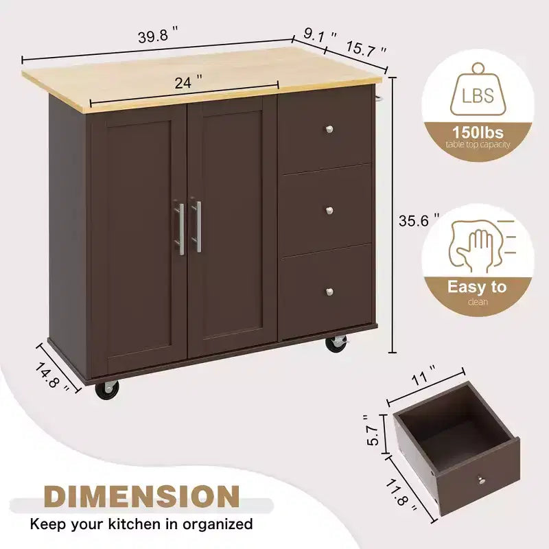 Meuble îlot de cuisine roulant noir/bleu/brun/gris/blanc avec 3 tiroirs et 2 portes, pour un utilisateur