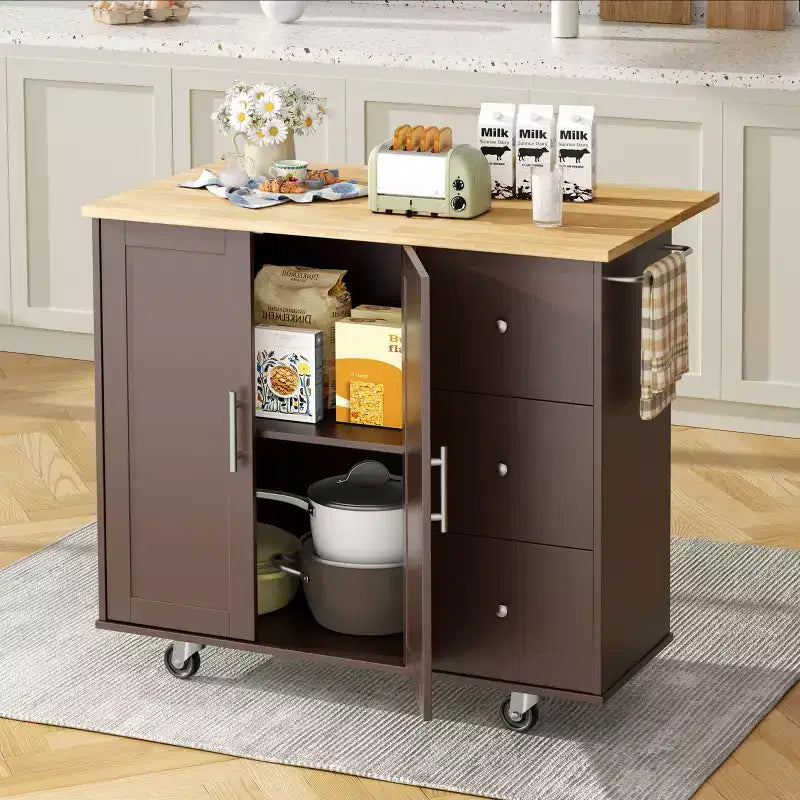 Meuble îlot de cuisine roulant noir/bleu/brun/gris/blanc avec 3 tiroirs et 2 portes, pour un utilisateur