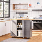 Meuble îlot de cuisine roulant noir/bleu/brun/gris/blanc avec 3 tiroirs et 2 portes, pour un utilisateur