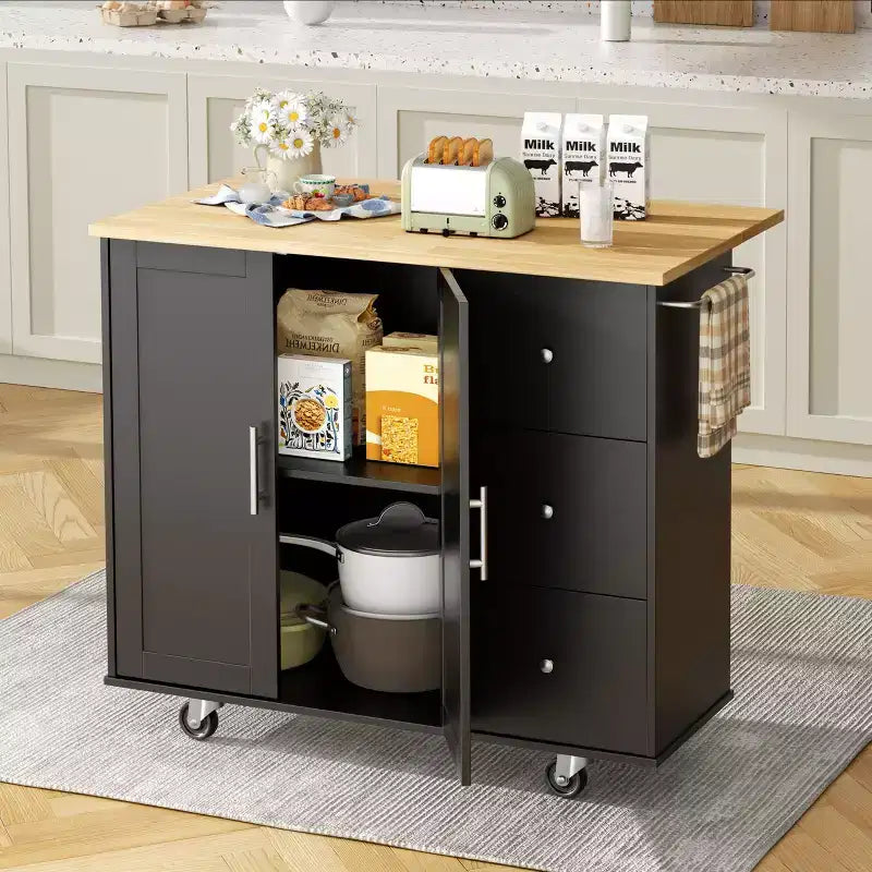 Meuble îlot de cuisine roulant noir/bleu/brun/gris/blanc avec 3 tiroirs et 2 portes, pour un utilisateur