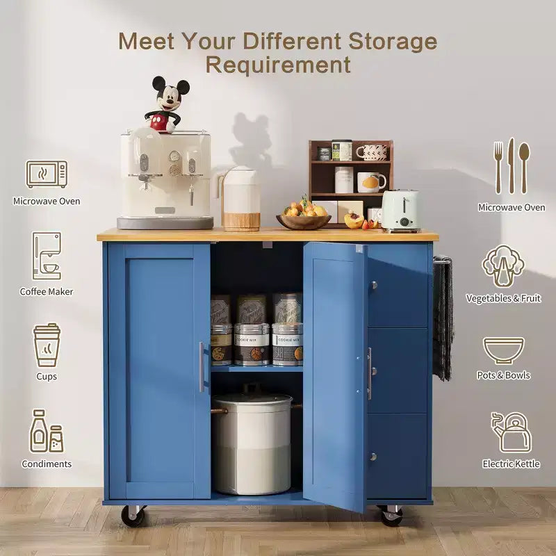 Meuble îlot de cuisine roulant noir/bleu/brun/gris/blanc avec 3 tiroirs et 2 portes, pour un utilisateur