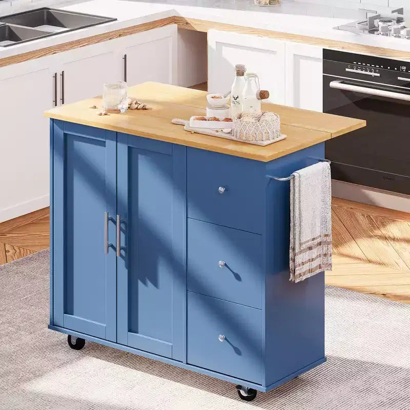 Meuble îlot de cuisine roulant noir/bleu/brun/gris/blanc avec 3 tiroirs et 2 portes, pour un utilisateur