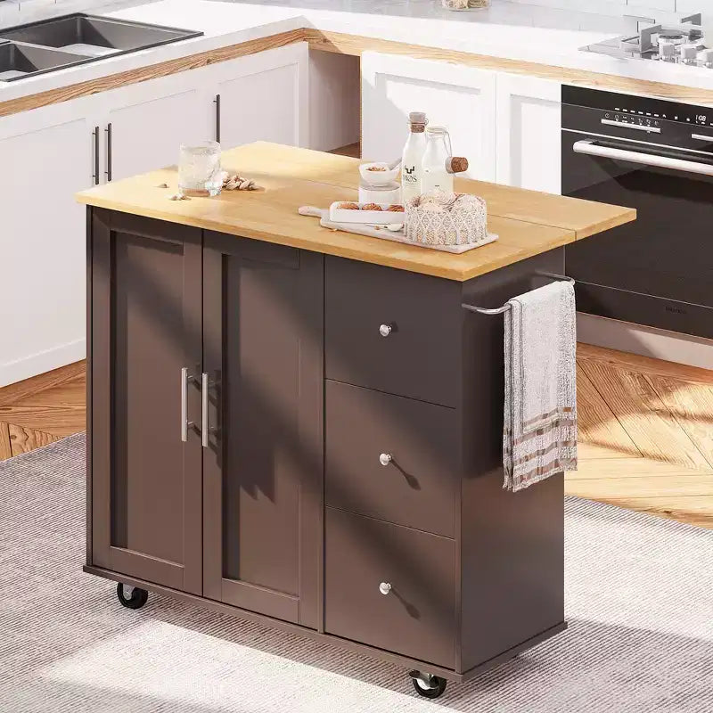 Meuble îlot de cuisine roulant noir/bleu/brun/gris/blanc avec 3 tiroirs et 2 portes, pour un utilisateur