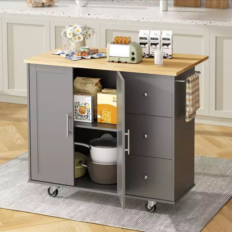 Meuble îlot de cuisine roulant noir/bleu/brun/gris/blanc avec 3 tiroirs et 2 portes, pour un utilisateur