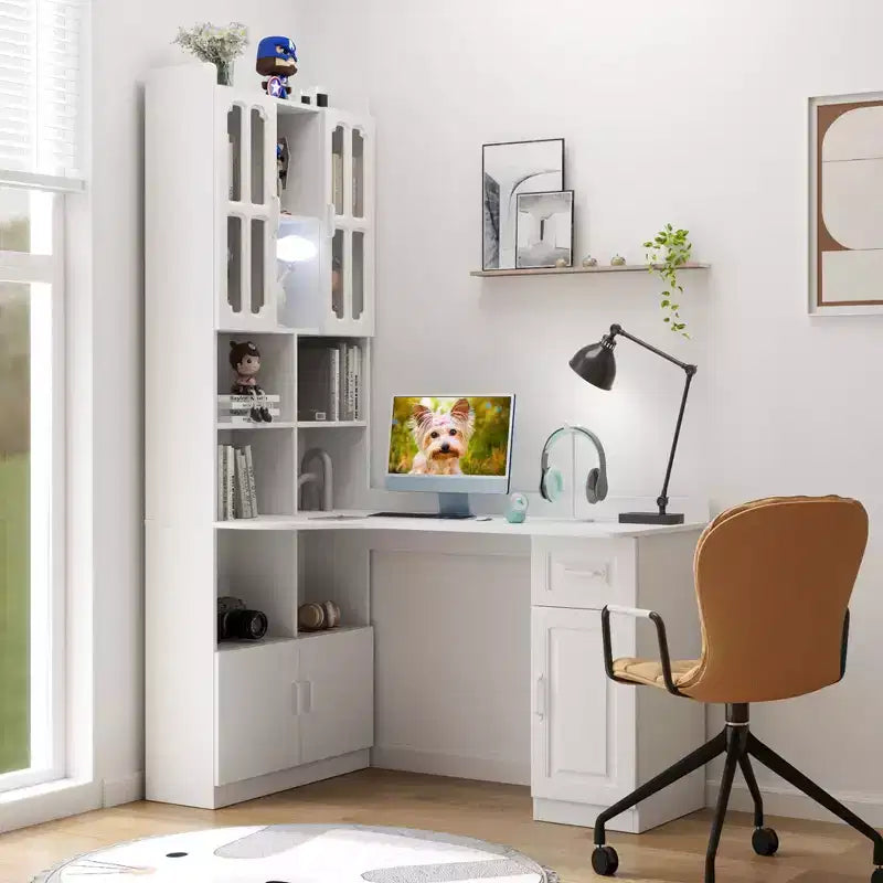 Bureau d'angle en L 2-en-1 Noir/Blanc avec meuble vitré, tiroirs et étagère – 1 personne