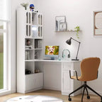Bureau d'angle en L 2-en-1 Noir/Blanc avec meuble vitré, tiroirs et étagère – 1 personne
