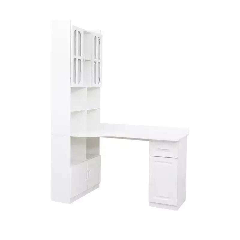 Bureau d'angle en L 2-en-1 Noir/Blanc avec meuble vitré, tiroirs et étagère – 1 personne