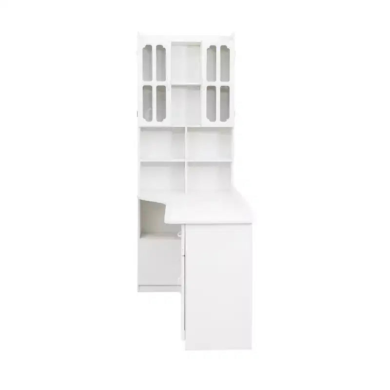 Bureau d'angle en L 2-en-1 Noir/Blanc avec meuble vitré, tiroirs et étagère – 1 personne