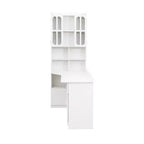 Bureau d'angle en L 2-en-1 Noir/Blanc avec meuble vitré, tiroirs et étagère – 1 personne
