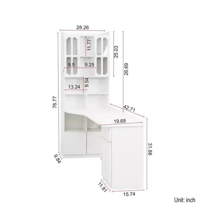 Bureau d'angle en L 2-en-1 Noir/Blanc avec meuble vitré, tiroirs et étagère – 1 personne