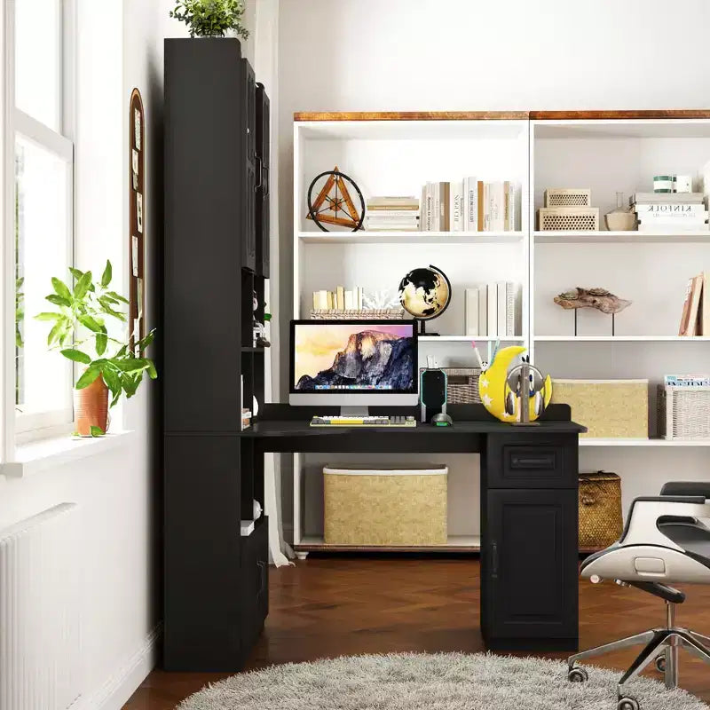 Bureau d'angle en L 2-en-1 Noir/Blanc avec meuble vitré, tiroirs et étagère – 1 personne