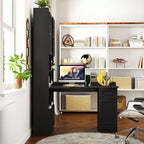Bureau d'angle en L 2-en-1 Noir/Blanc avec meuble vitré, tiroirs et étagère – 1 personne