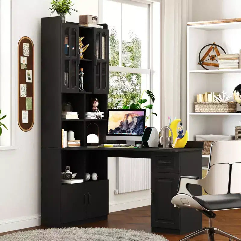 Bureau d'angle en L 2-en-1 Noir/Blanc avec meuble vitré, tiroirs et étagère – 1 personne