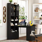Bureau d'angle en L 2-en-1 Noir/Blanc avec meuble vitré, tiroirs et étagère – 1 personne