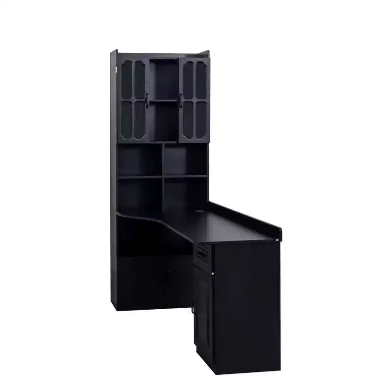 Bureau d'angle en L 2-en-1 Noir/Blanc avec meuble vitré, tiroirs et étagère – 1 personne