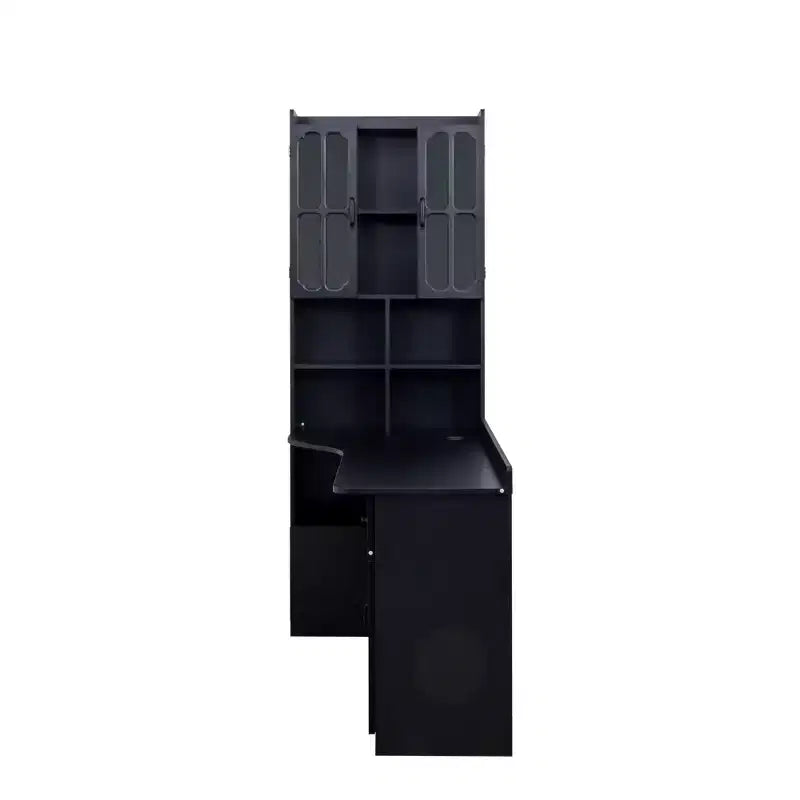 Bureau d'angle en L 2-en-1 Noir/Blanc avec meuble vitré, tiroirs et étagère – 1 personne