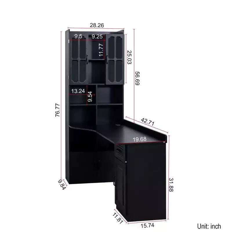 Bureau d'angle en L 2-en-1 Noir/Blanc avec meuble vitré, tiroirs et étagère – 1 personne