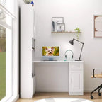 Bureau d'angle en L 2-en-1 Noir/Blanc avec meuble vitré, tiroirs et étagère – 1 personne