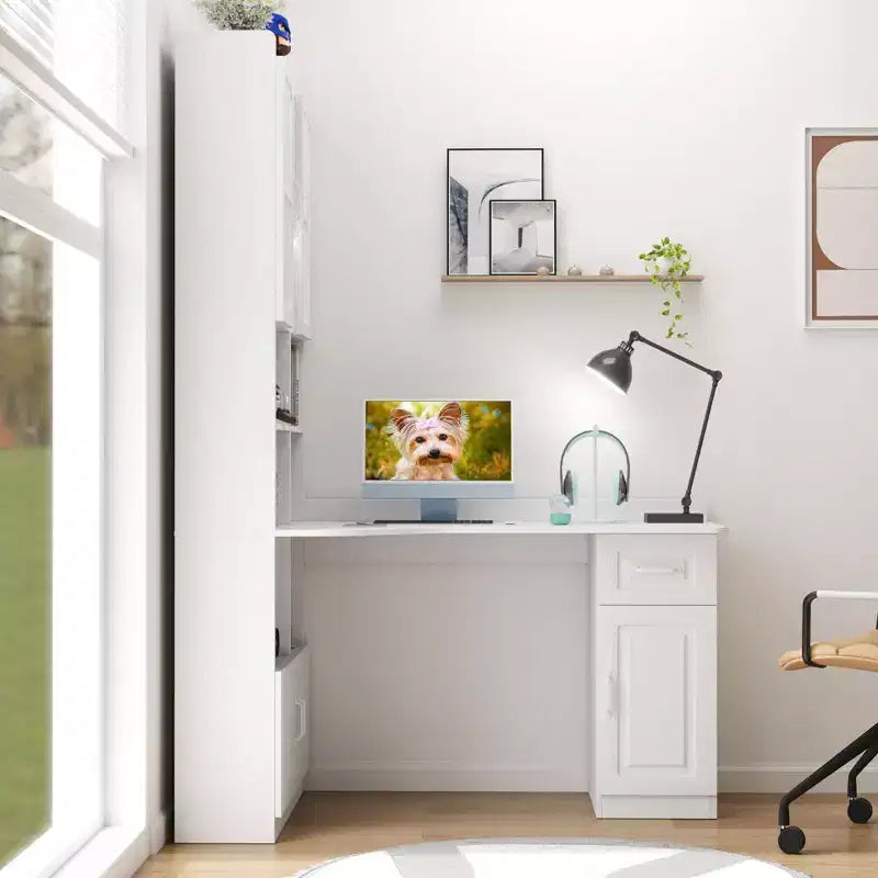 Bureau d'angle en L 2-en-1 Noir/Blanc avec meuble vitré, tiroirs et étagère – 1 personne