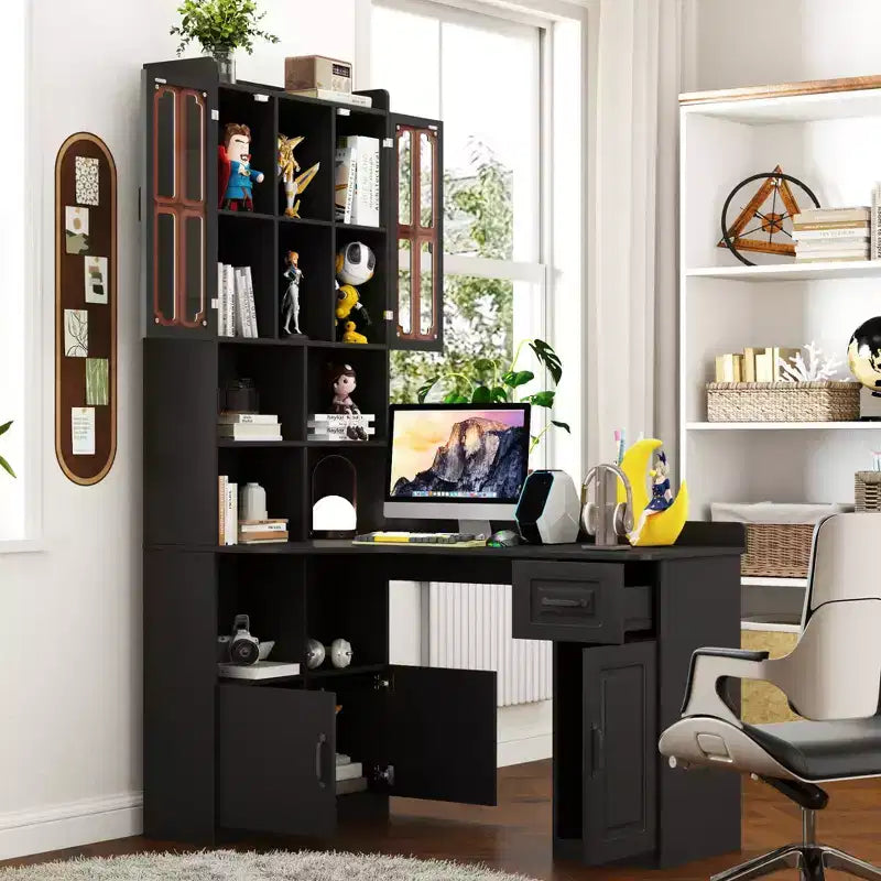 Bureau d'angle en L 2-en-1 Noir/Blanc avec meuble vitré, tiroirs et étagère – 1 personne