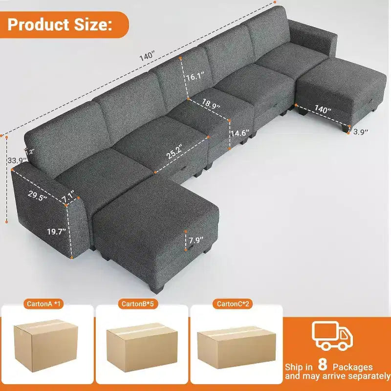 Canapé sectionnel modulaire en U gris avec ottomane, 7 places