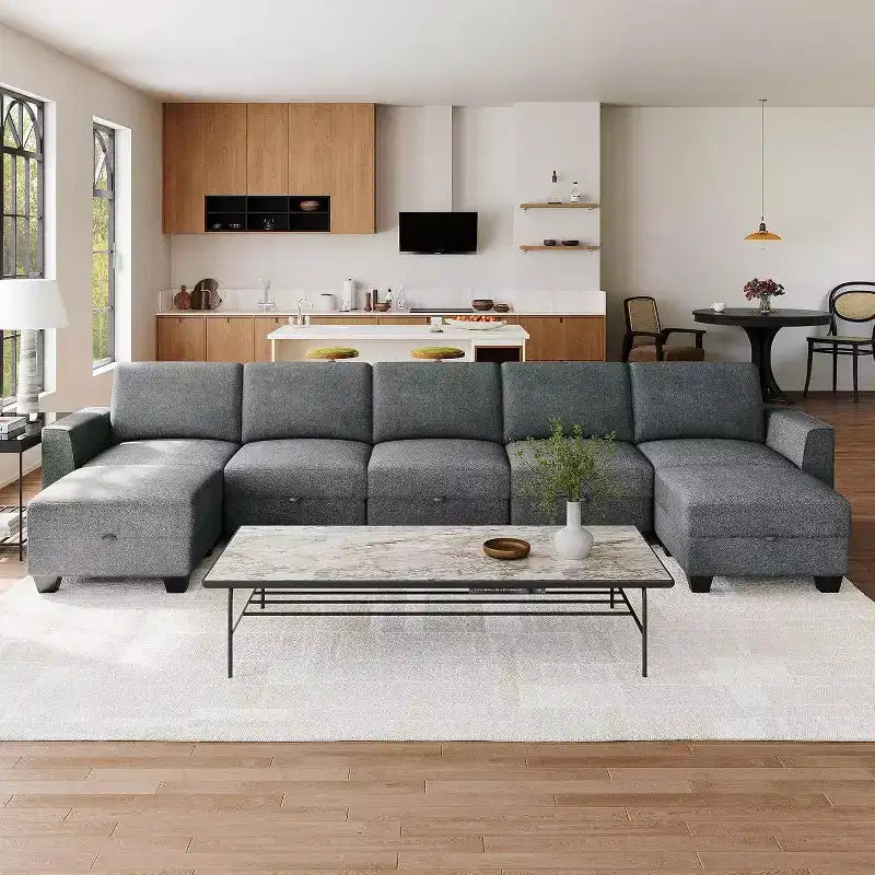 Canapé sectionnel modulaire en U gris avec ottomane, 7 places