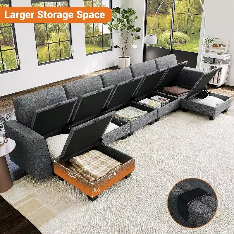 Canapé sectionnel modulaire en U gris avec ottomane, 7 places