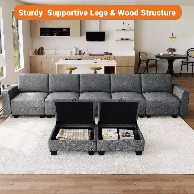 Canapé sectionnel modulaire en U gris avec ottomane, 7 places