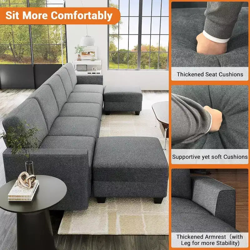 Canapé sectionnel modulaire en U gris avec ottomane, 7 places