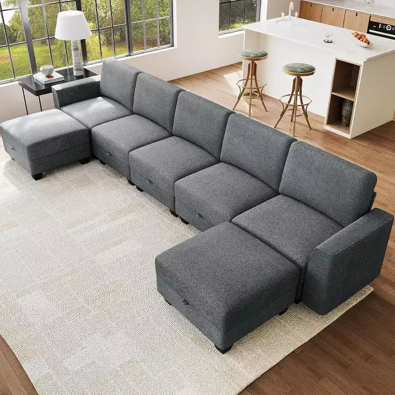 Canapé sectionnel modulaire en U gris avec ottomane, 7 places