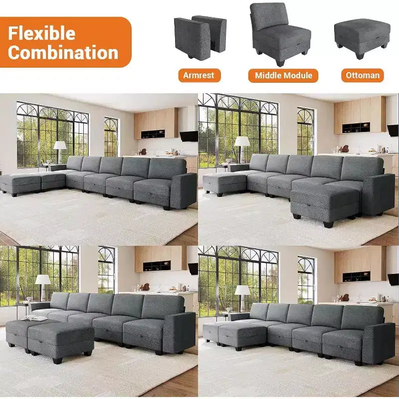 Canapé sectionnel modulaire en U gris avec ottomane, 7 places