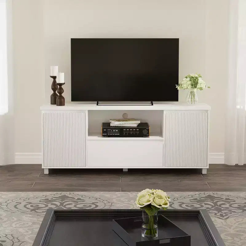 Meuble TV cannelé blanc, convient aux téléviseurs jusqu'à 7 pouces, armoire à 2 portes avec tiroir, assemblage par 1 personne