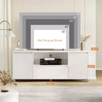 Meuble TV cannelé blanc, convient aux téléviseurs jusqu'à 7 pouces, armoire à 2 portes avec tiroir, assemblage par 1 personne