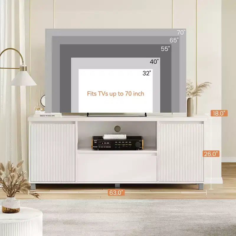 Meuble TV cannelé blanc, convient aux téléviseurs jusqu'à 7 pouces, armoire à 2 portes avec tiroir, assemblage par 1 personne