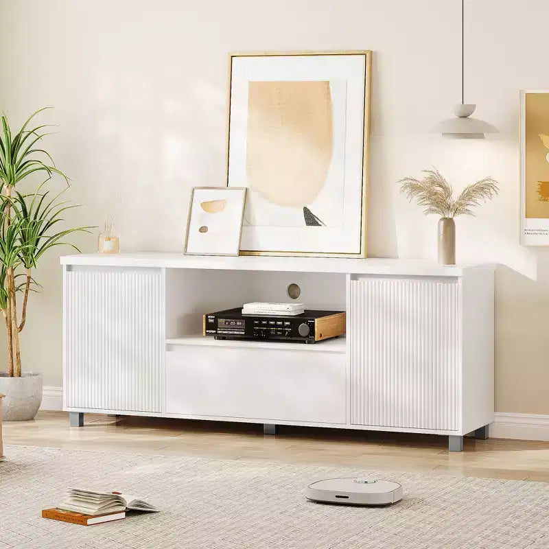 Meuble TV cannelé blanc, convient aux téléviseurs jusqu'à 7 pouces, armoire à 2 portes avec tiroir, assemblage par 1 personne