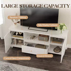 Meuble TV cannelé blanc, convient aux téléviseurs jusqu'à 7 pouces, armoire à 2 portes avec tiroir, assemblage par 1 personne