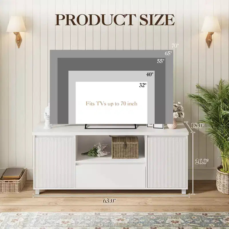 Meuble TV cannelé blanc, convient aux téléviseurs jusqu'à 7 pouces, armoire à 2 portes avec tiroir, assemblage par 1 personne